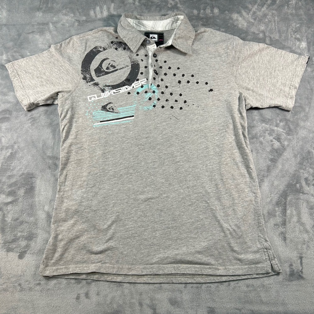 Quiksilver Mens Gray Graphic Print Short Sleeve Polo Shirt Size L